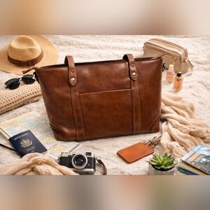 NWOT S-ZONE Brown Polished Leather Laptop Shoulder Bag. Beautiful